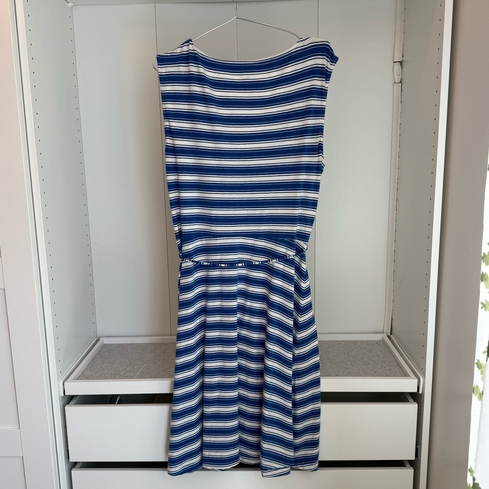 Talbots Blue & Cream Striped Faux Wrap Dress Size L Sleeveless Stretch Midi - Picture 4 of 11
